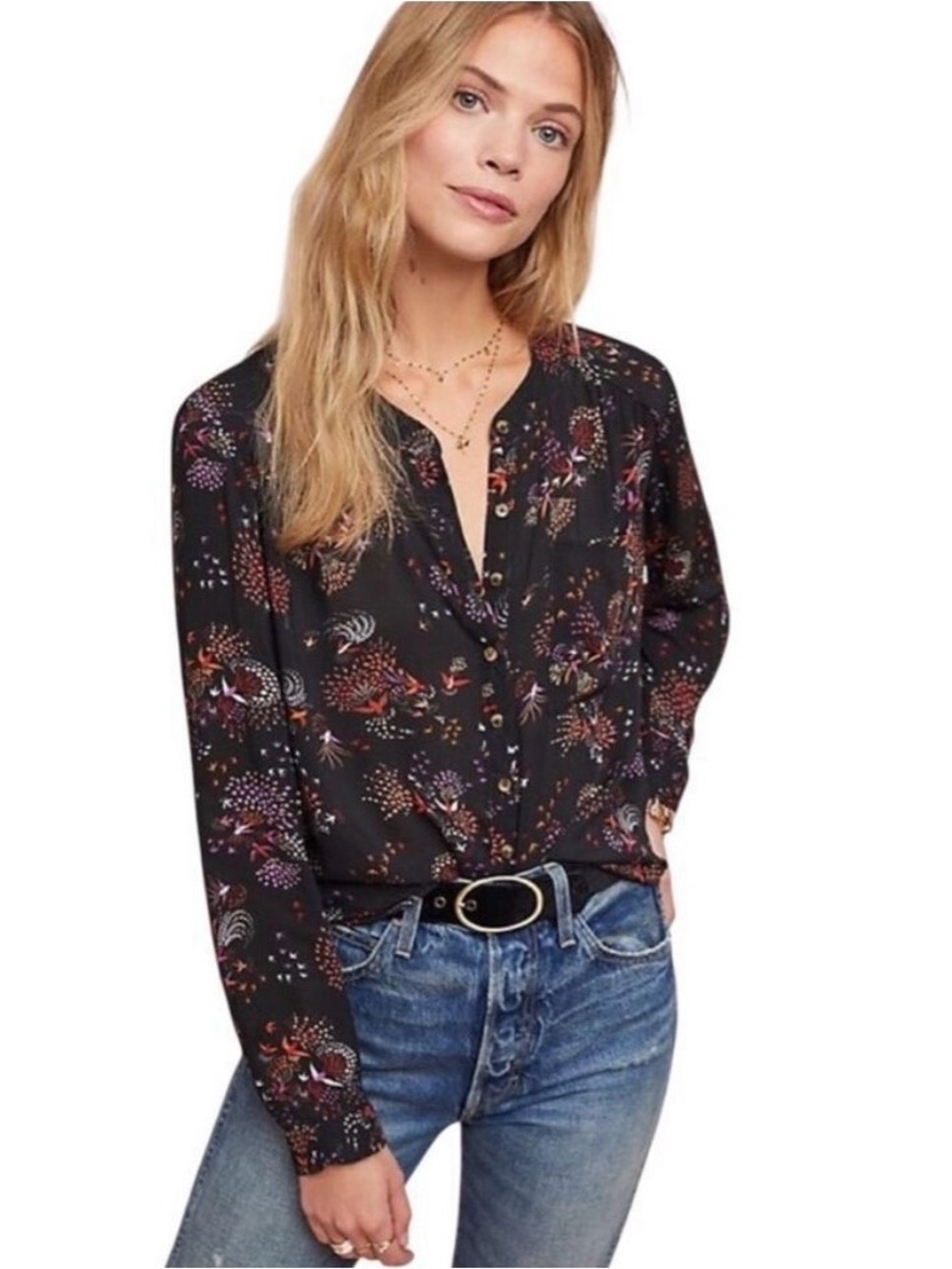 Anthropologie Conversations Black Bird Print Blouse Misses size 10
